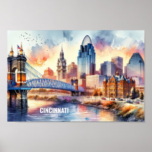 Póster Cincinnati Ohio Famosos lugares de viaje acuarela