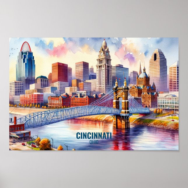 Póster Cincinnati Ohio Famosos lugares de viaje acuarela (Frente)
