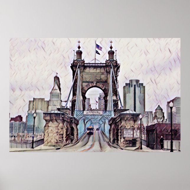 Póster Cincinnati Roebling Suspensión Bridge Watercolor (Frente)