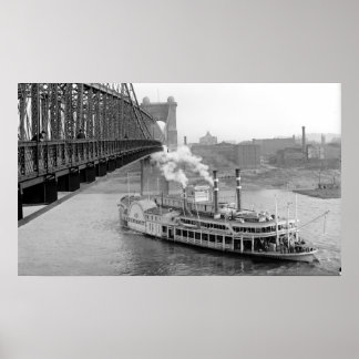 Póster Cincinnati Suspension Bridge and Steamboat 1906 BW