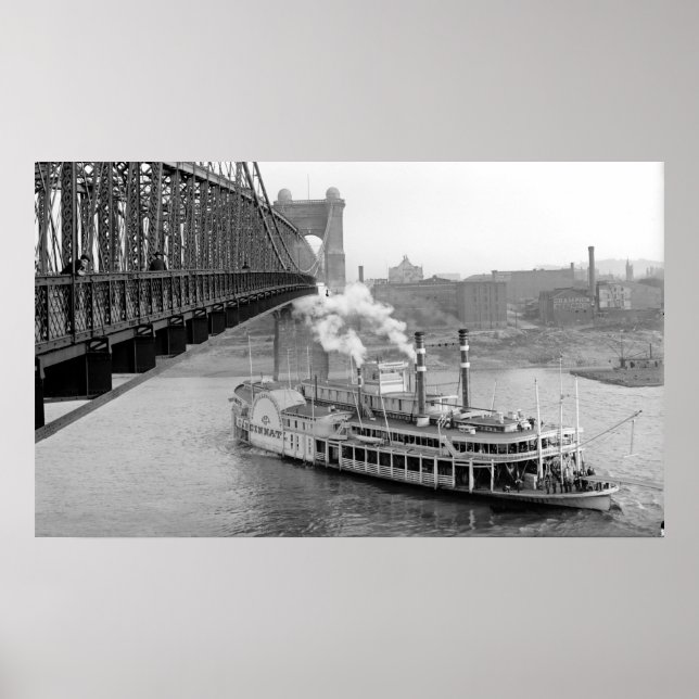 Póster Cincinnati Suspension Bridge and Steamboat 1906 BW (Frente)