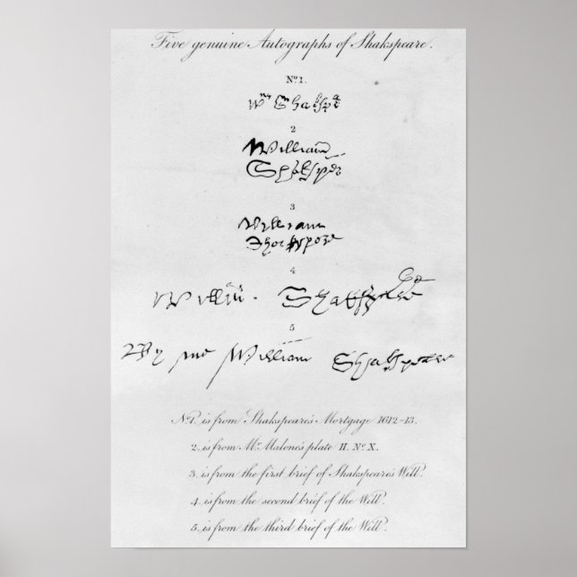 Póster Cinco auténticas autógrafas de William Shakespeare (Frente)