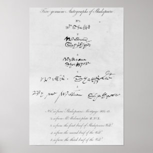 Póster Cinco autógrafos auténticos de William Shakespea
