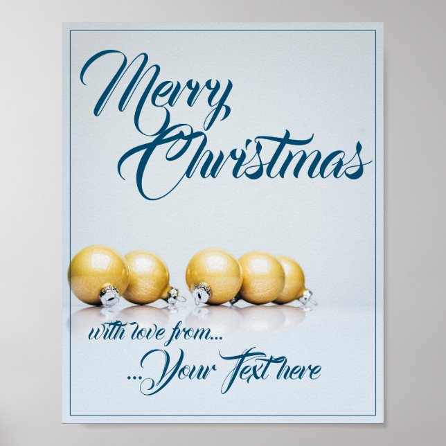 Póster Cinco bolas de Navidad doradas - escritura azul (Frente)
