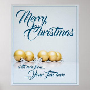 Póster Cinco bolas de Navidad doradas - escritura azul