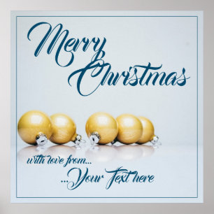 Póster Cinco bolas de Navidad doradas - escritura azul