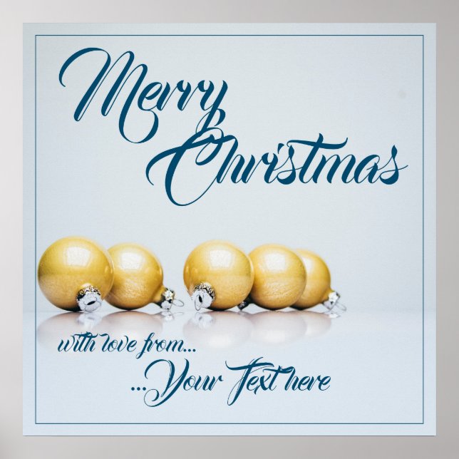 Póster Cinco bolas de Navidad doradas - escritura azul (Frente)