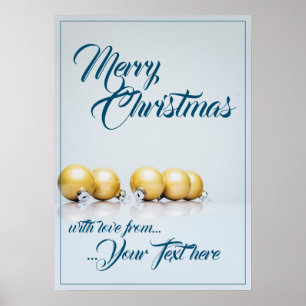Póster Cinco bolas de Navidad doradas - escritura azul