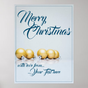 Póster Cinco bolas de Navidad doradas - escritura azul
