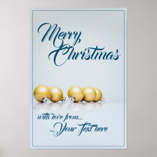 Póster Cinco bolas de Navidad doradas - escritura azul