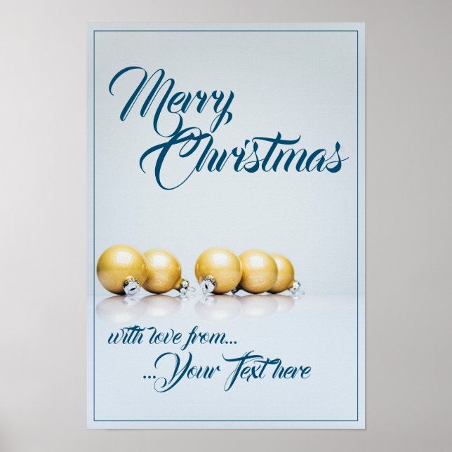 Póster Cinco bolas de Navidad doradas - escritura azul (Frente)
