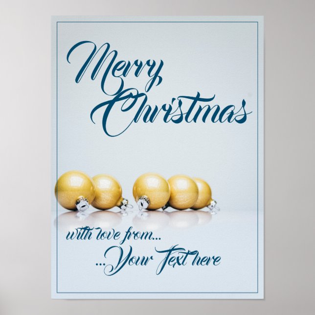 Póster Cinco bolas de navidades dorados - escritura azul (Frente)