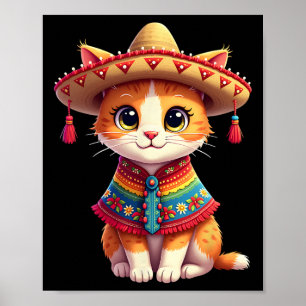 Póster Cinco De Mayo Cute Gato Mexicano Sombrero Poncho C