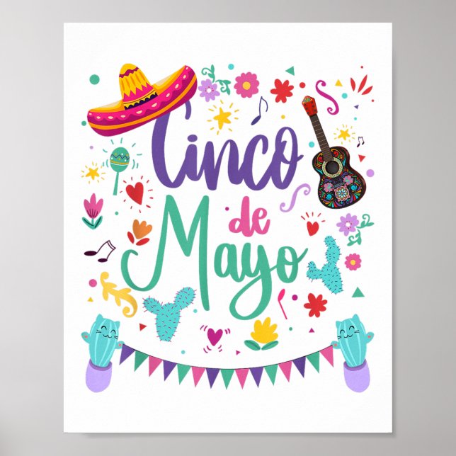 Póster Cinco De Mayo Sombrero Guitar, Cactus Fiesta Para  (Frente)