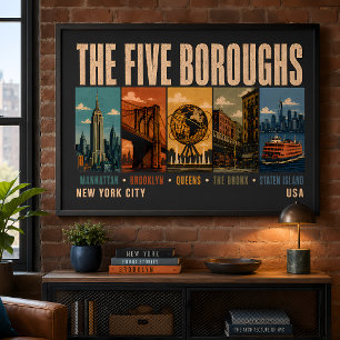 Póster Cinco distritos Nueva York NYC Ilustración Retro