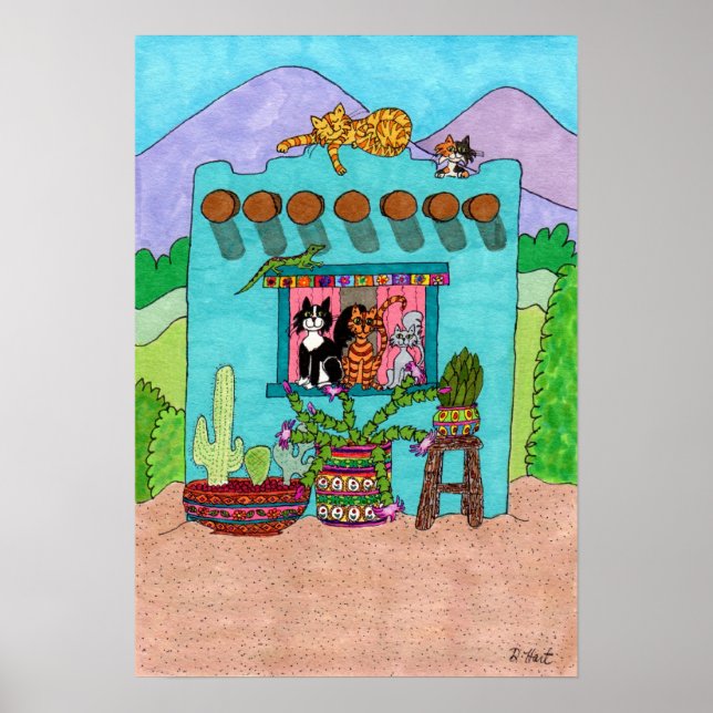Póster Cinco gatos en una casa de Aqua Adobe (Frente)