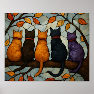 Póster Cinco Gatos en una Rama de Árbol Estilo Vidrio Pin