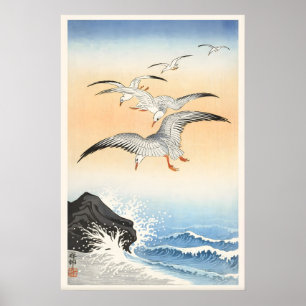 Póster Cinco Gaviotas Sobre Mar Turbulento Japonés Fino