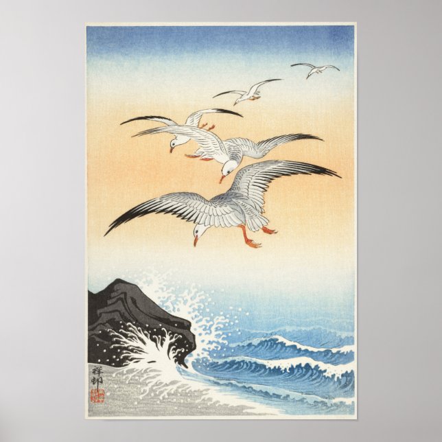 Póster Cinco gaviotas sobre un mar turbulento por Ohara K (Frente)