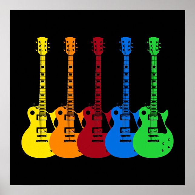 Póster Cinco Guitars eléctricos coloridos (Frente)