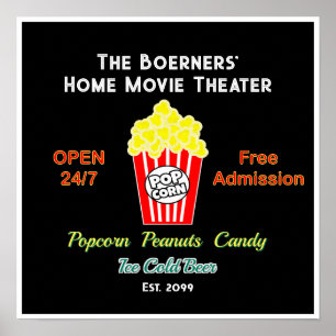 Póster Cine en Casa Abierto 24/7 Palomitas Cerveza Fría