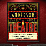 Póster Cine residencial Marquee de Movie Theater | Nombre<br><div class="desc">Disfrute de una noche de cine en familia con este poster original de teatro/teatro. Este poster personalizado, hecho como una marquesina de cine retro con luces falsas y mucho brillo, es el accesorio perfecto para cualquier película. El color principal es el rojo, el oro y el negro. Todo el texto...</div>