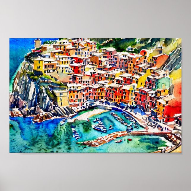 Póster Cinque Terre Italia Viajes de época, acuarela (Frente)