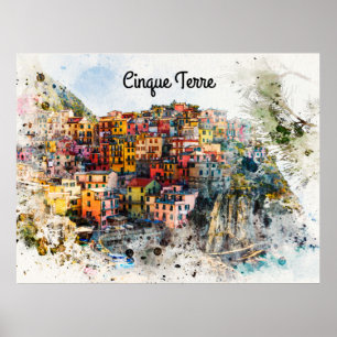 Póster Cinque Terre Liguria Escena de Italia acuarela de 