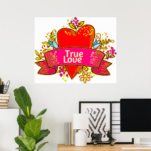 Póster Cinta de corazón de amor verdadero con elementos f