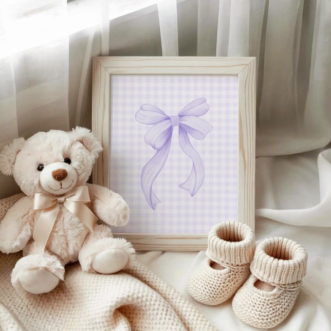 Póster Cinta de lavanda sobre gingham morado pastel (Lavender Ribbon on Pastel Purple Gingham Poster)