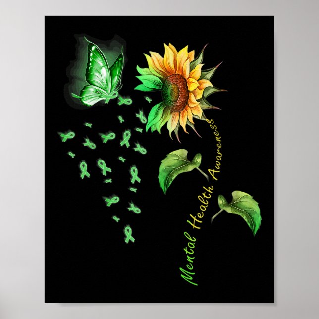Póster Cinta de mariposa de girasol Salud Mental Verde Aw (Frente)