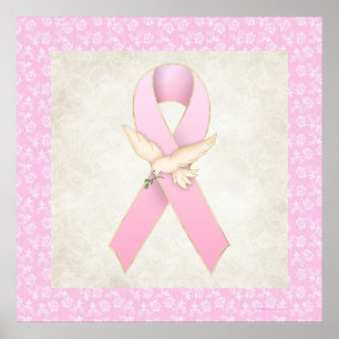Póster Cinta del rosa del cáncer de pecho con la paloma