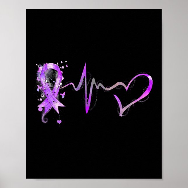 Póster Cinta púrpura de latido cardíaco Cáncer pancreátic (Frente)