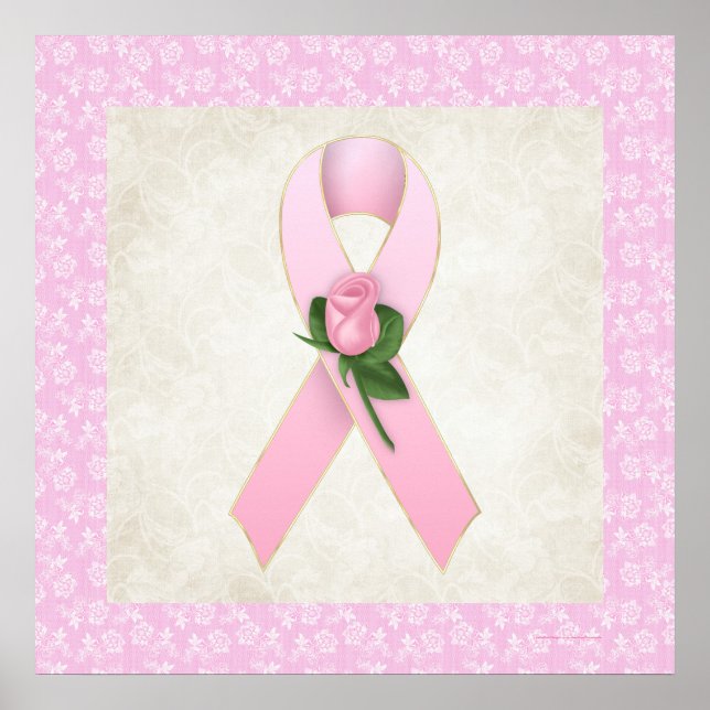 Póster Cinta rosa de cáncer de mama con rosa rosa rosa (Frente)