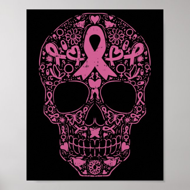 Póster Cinta rosa de cráneo de azúcar Calavera Cáncer de  (Frente)
