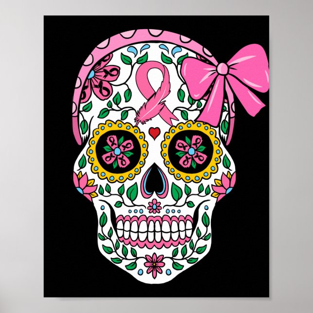Póster Cinta rosa de cráneo de azúcar Calavera Cáncer de  (Frente)