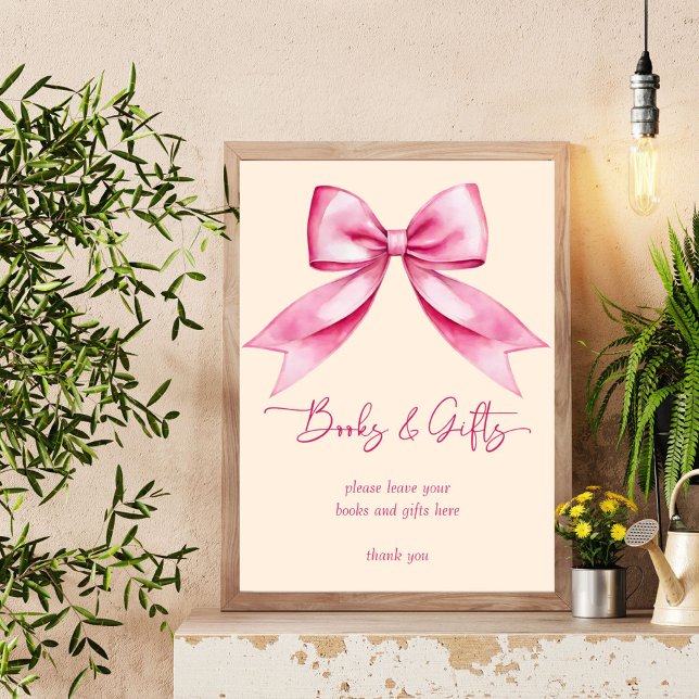 Póster Cinta rosada de lazo para bebé libros de ducha reg (Pink bow ribbon baby shower books gifts table sign editable template download personalized decor)