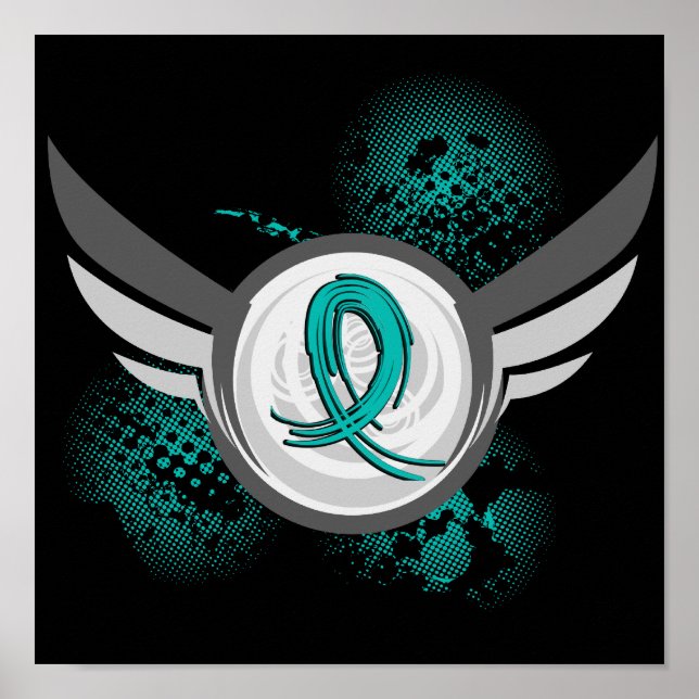 Póster Cinta verde azulada Y Cáncer Ovárico De Alas (Frente)