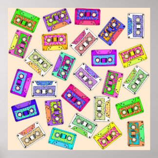 Póster Cintas de Cassette con estampado neón de la década