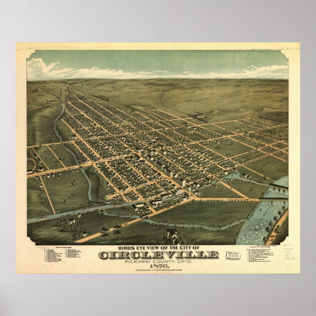 Póster Circleville Ohio 1876 Mapa Panorámico Antiguo (Frente)