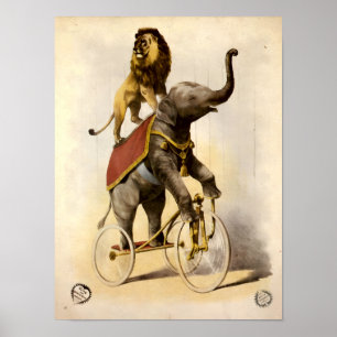 Póster Circo de la era victoriana león y elefante en tric