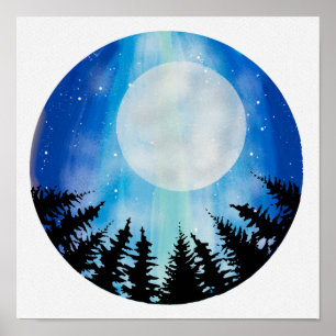 Póster Círculo abstracto Cielo Nocturno Madera Luna Llena