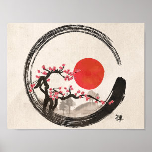 Póster Círculo de Enso del zen y árbol de Sakura