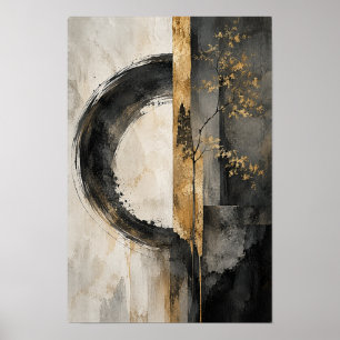 Póster Círculo de Oro Negro y Rama Botánica Abstracta Wa