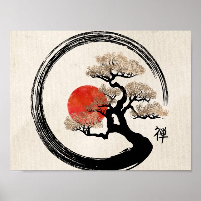 Póster Círculo Enso y Árbol Bonsai sobre lienzo (Frente)
