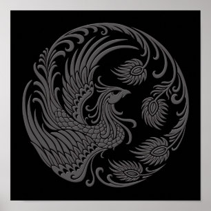 Póster Círculo gris tradicional de Phoenix en negro