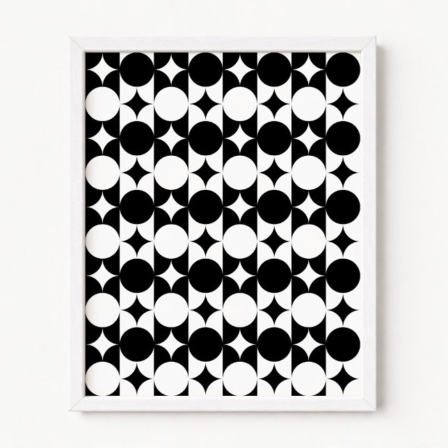 Póster Círculo negro y blanco Estrellas Cuadrícula Rayas (Black and White Circle Star Grid Stripes Poster)