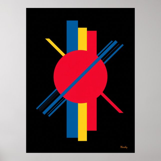 Póster Círculo rojo con barras azules y amarillas Bauhaus (Frente)