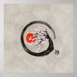 Póster Círculo zen enso y árbol sakura en lienzo
