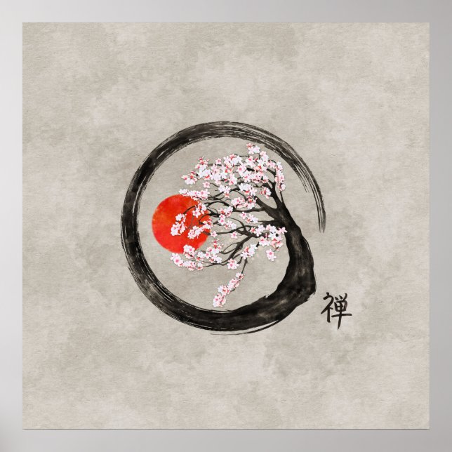 Póster Círculo zen enso y árbol sakura en lienzo (Frente)